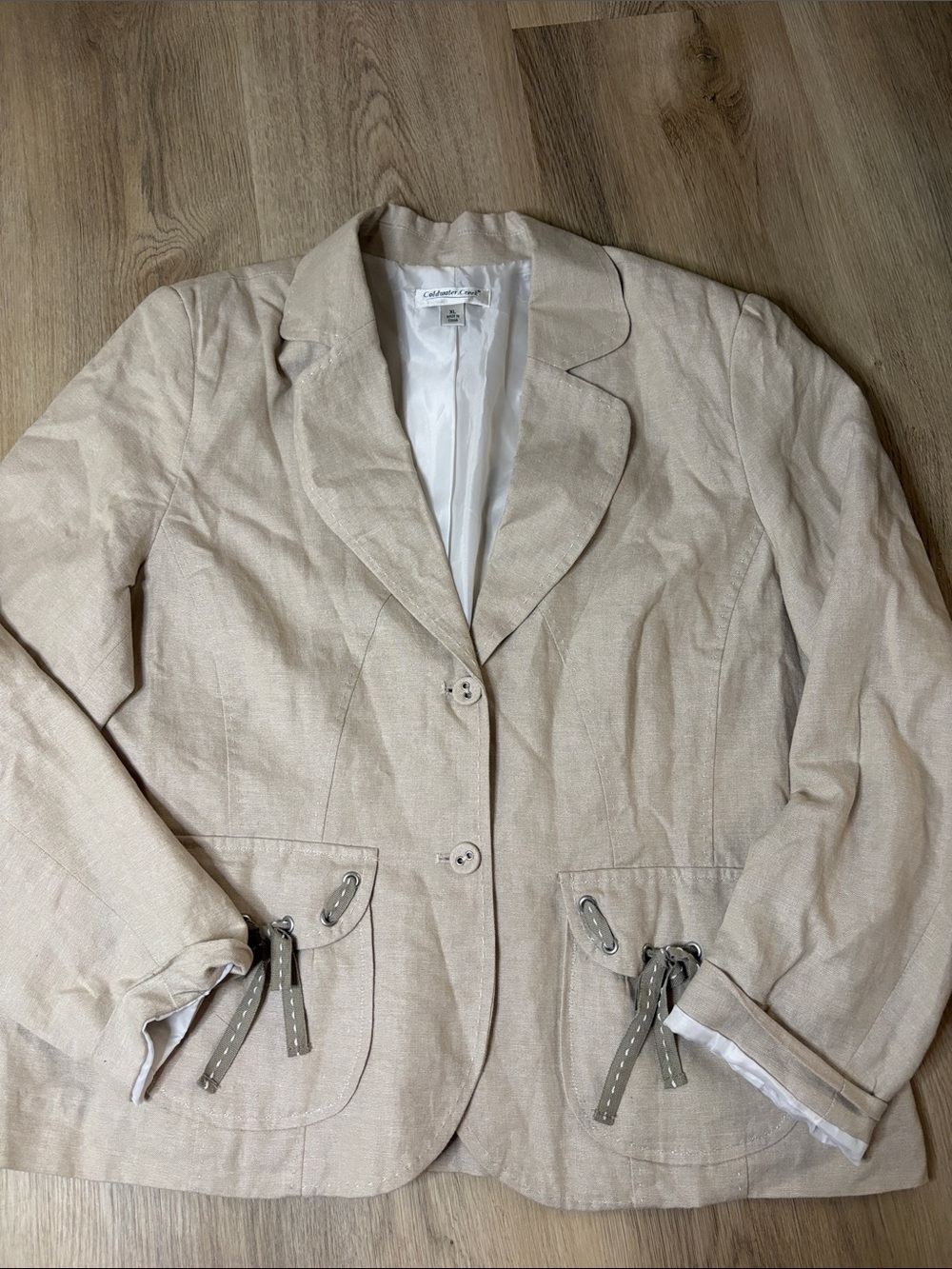 Vintage Coldwater Creek Linen Blend Ribbon Trim Blazer Jacket Tan XL minimalist
